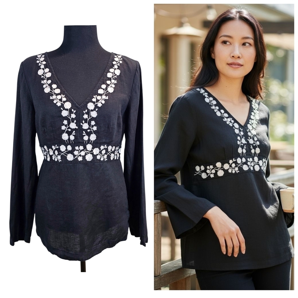 Vtg Ann Taylor Loft Linen Embroidered Floral Boho Black V-Neck Peasant Top Sz 8